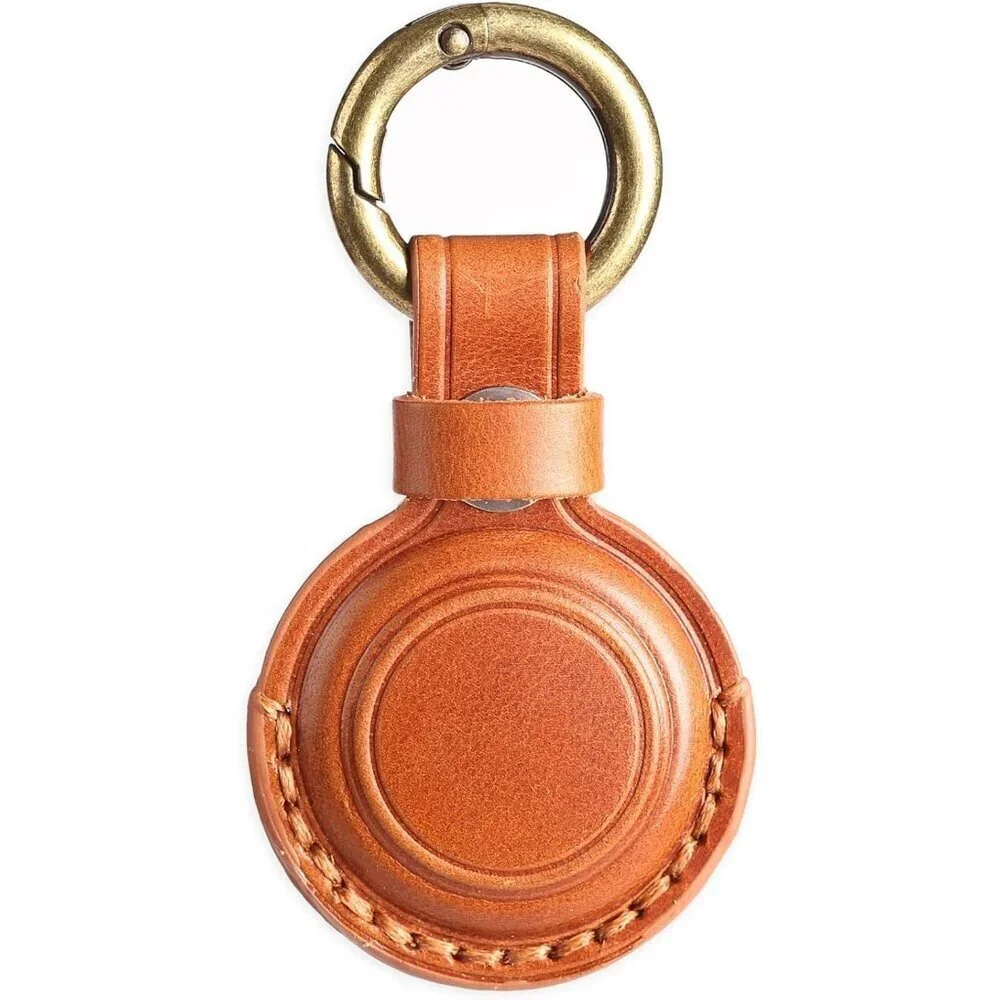 Women's Brown Small Holder Metal Snap Key Ring Apple Airtag Keychain Leather